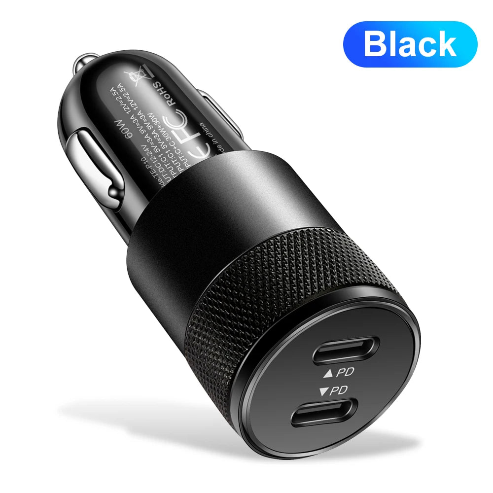 60W USB C Car Charger, USB-C Cigarette Lighter Adapter Fast Charging Dual Port PD3.0 Type C Power Plug Compatible with Iphone Ga