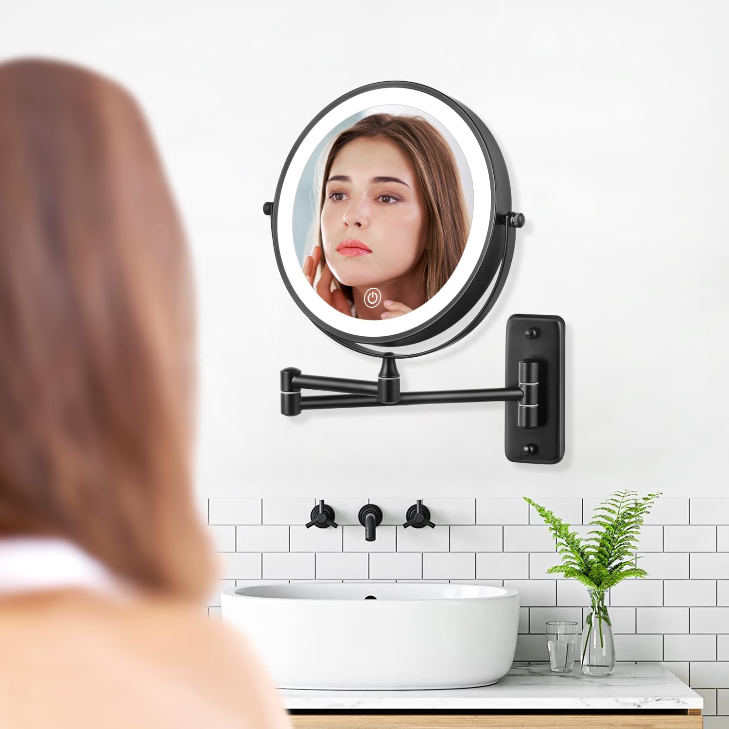 Wall Mounted Lighted Makeup Mirror, 8" Rechargeable Double Sided 1X/10X Magnifying Mirror with Light, 3 Color Lights, Touch Dimmable, 360° Rotation Foldable Extended Arm, Black
