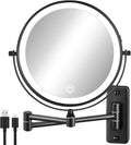 Wall Mounted Lighted Makeup Mirror, 8" Rechargeable Double Sided 1X/10X Magnifying Mirror with Light, 3 Color Lights, Touch Dimmable, 360° Rotation Foldable Extended Arm, Black