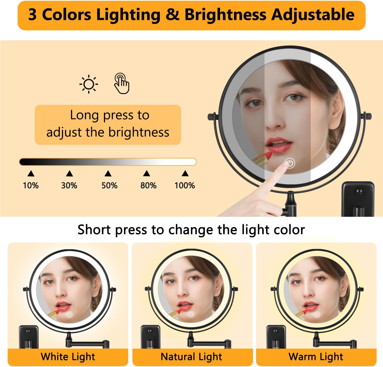 Wall Mounted Lighted Makeup Mirror, 8" Rechargeable Double Sided 1X/10X Magnifying Mirror with Light, 3 Color Lights, Touch Dimmable, 360° Rotation Foldable Extended Arm, Black
