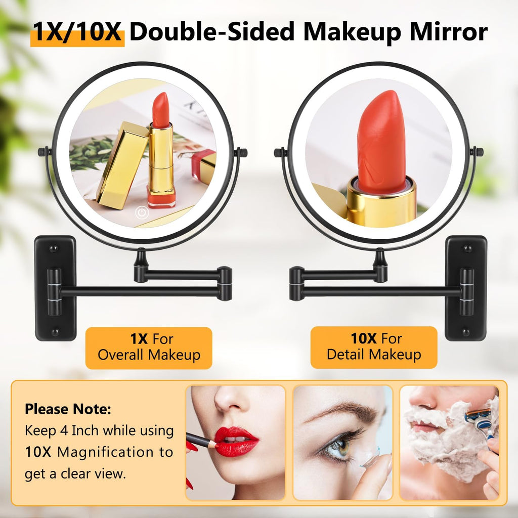 Wall Mounted Lighted Makeup Mirror, 8" Rechargeable Double Sided 1X/10X Magnifying Mirror with Light, 3 Color Lights, Touch Dimmable, 360° Rotation Foldable Extended Arm, Black