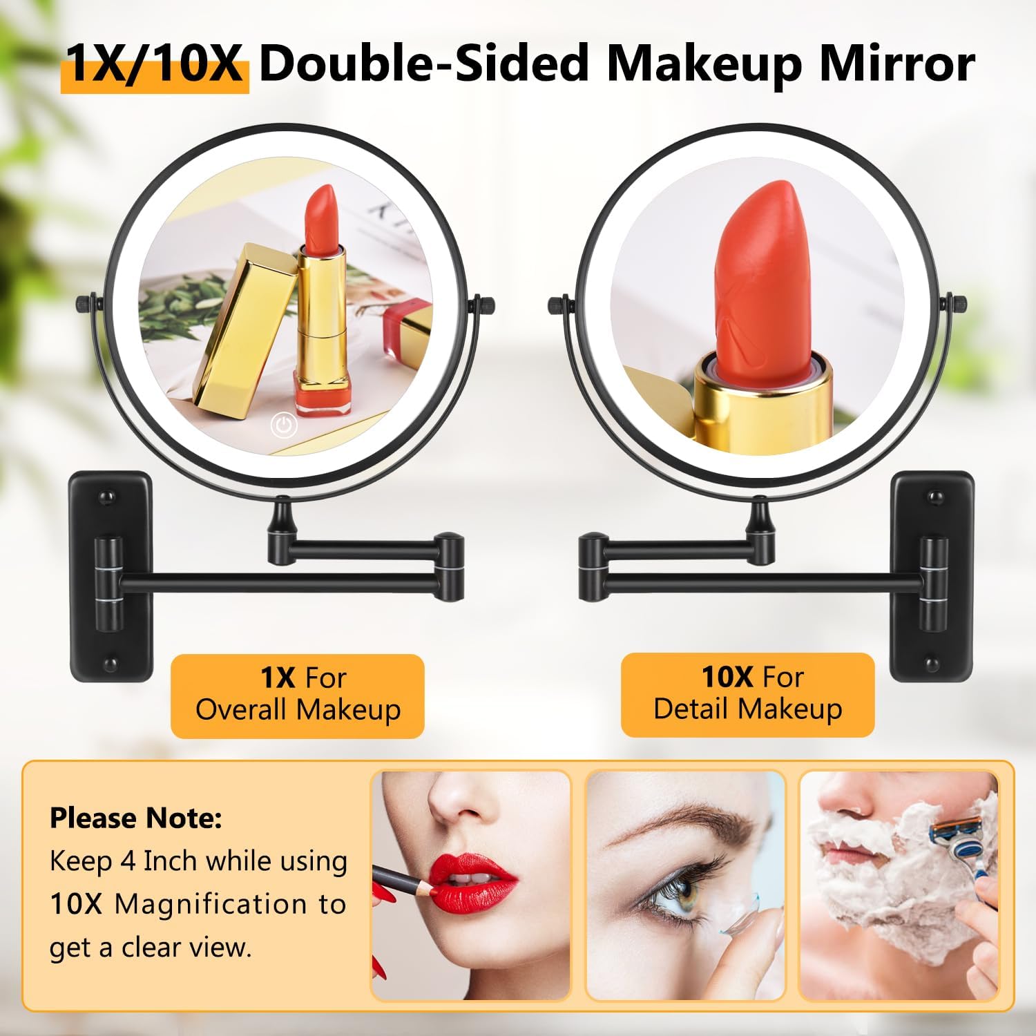 Wall Mounted Lighted Makeup Mirror, 8" Rechargeable Double Sided 1X/10X Magnifying Mirror with Light, 3 Color Lights, Touch Dimmable, 360° Rotation Foldable Extended Arm, Black