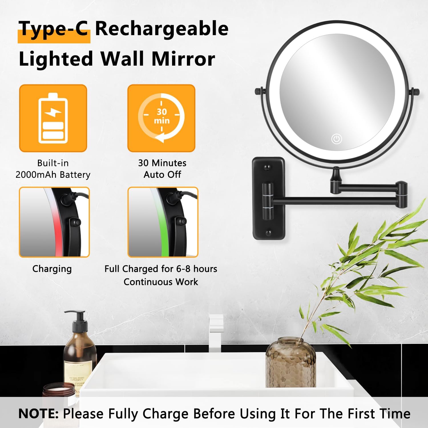 Wall Mounted Lighted Makeup Mirror, 8" Rechargeable Double Sided 1X/10X Magnifying Mirror with Light, 3 Color Lights, Touch Dimmable, 360° Rotation Foldable Extended Arm, Black
