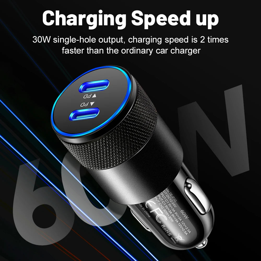 60W USB C Car Charger, USB-C Cigarette Lighter Adapter Fast Charging Dual Port PD3.0 Type C Power Plug Compatible with Iphone Ga