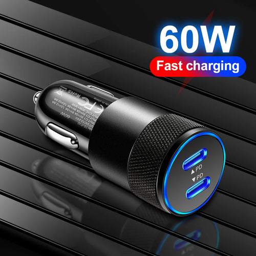 60W USB C Car Charger, USB-C Cigarette Lighter Adapter Fast Charging Dual Port PD3.0 Type C Power Plug Compatible with Iphone Ga