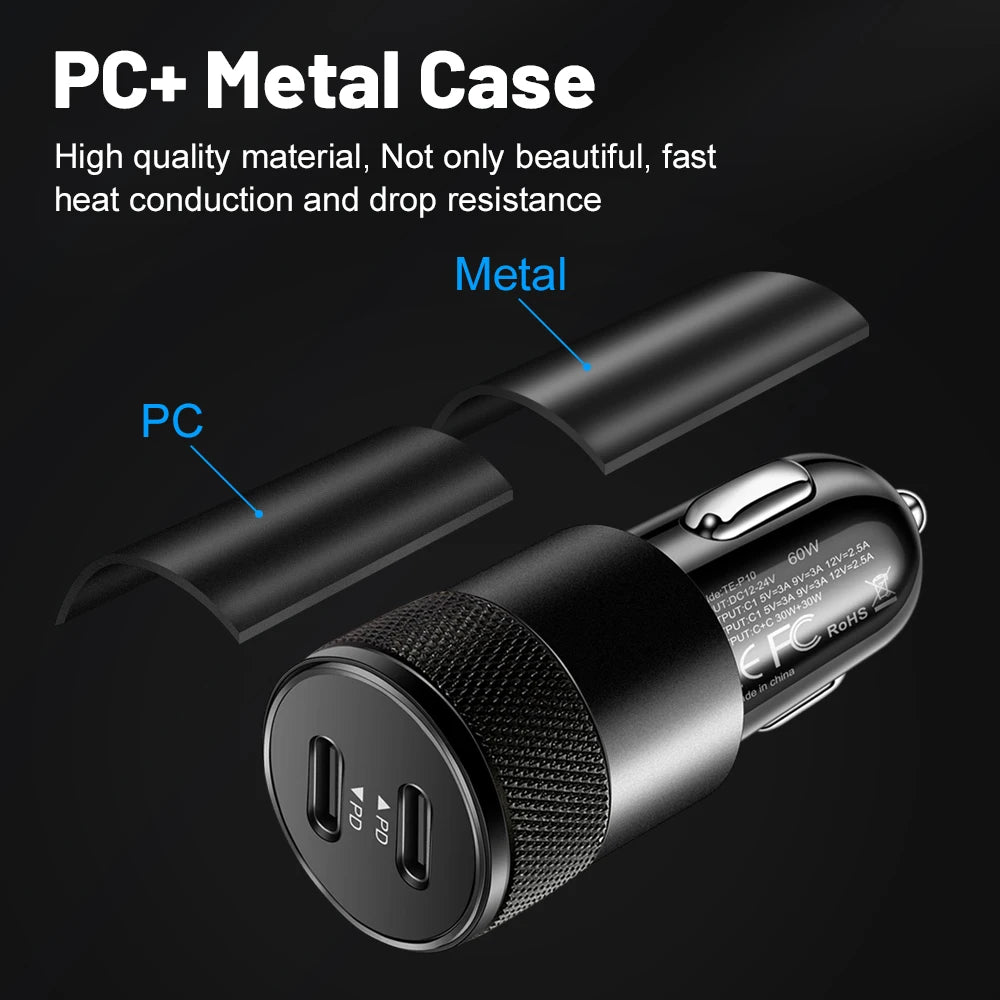 60W USB C Car Charger, USB-C Cigarette Lighter Adapter Fast Charging Dual Port PD3.0 Type C Power Plug Compatible with Iphone Ga
